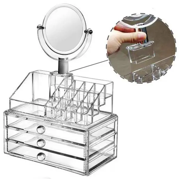 Organizator de cosmetice și bijuterii din acril cu oglindă rotativă