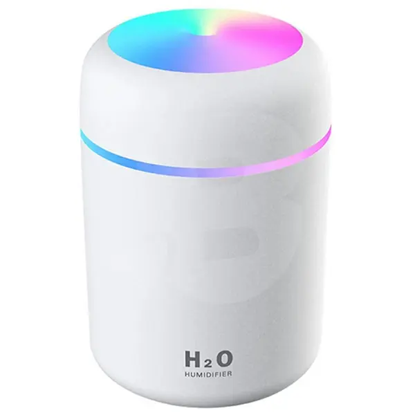 Umidificator Mini Portabil cu Ultrasunete H2O 300 ml, USB, LED Multicolor, Alb