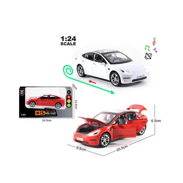 Masina Metal Model 3, cu Faruri si Stopuri care Lumineaza, Sunete realistice de Motor si Alarma, cu Functie Pull-Back, cu Functie de Deschidere a Usilor CON-280