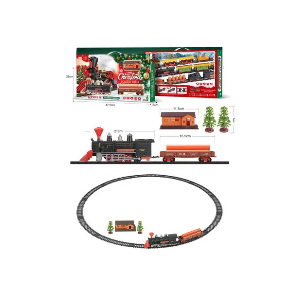 Tren cu locomotivă, vagon cu bușteni, gară și brăduți – set feroviar 18 piese pentru copii