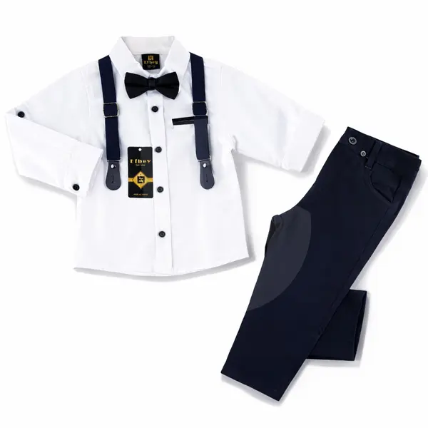 Compleu elegant pentru băieți cu cămașă albă, pantaloni negri, bretele și papion