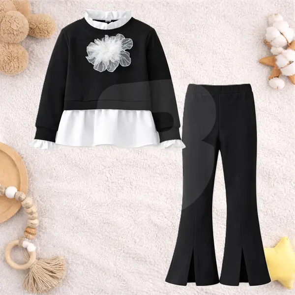 Compleu fete negru cu bluză și pantaloni evazați