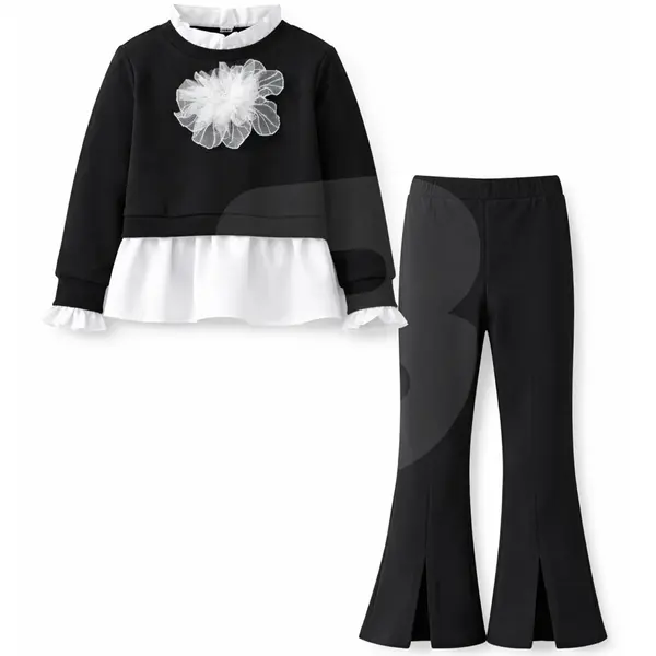 Compleu fete elegant negru cu bluză și pantaloni evazați, set en-gros 6 bucăți, mărimi 4–14 ani