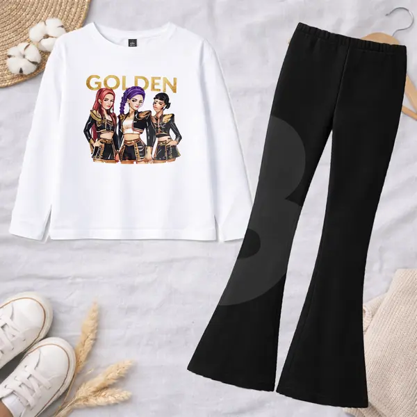 Compleu fete GOLDEN bluză albă cu imprimeu și pantaloni negri evazați