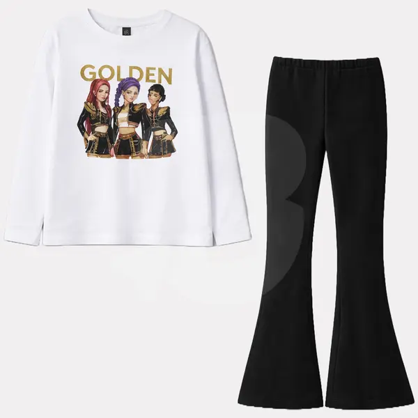 Compleu fete GOLDEN, bluză albă cu imprimeu și pantaloni negri evazați, set 6 bucăți, mărimi 6–16 ani