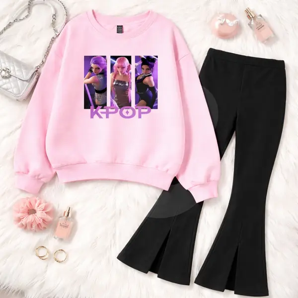 Compleu fete roz cu imprimeu KPOP și pantaloni evazați negri