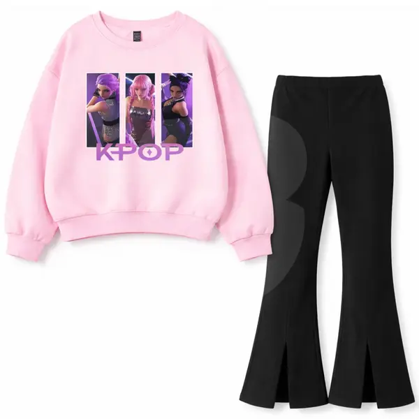 Compleu fete roz cu imprimeu KPOP și pantaloni evazați negri, set en-gros 4–14 ani
