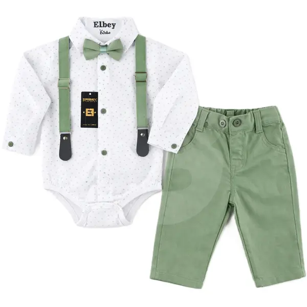 Costum bebeluși băiat verde 3 piese pantaloni body și bretele