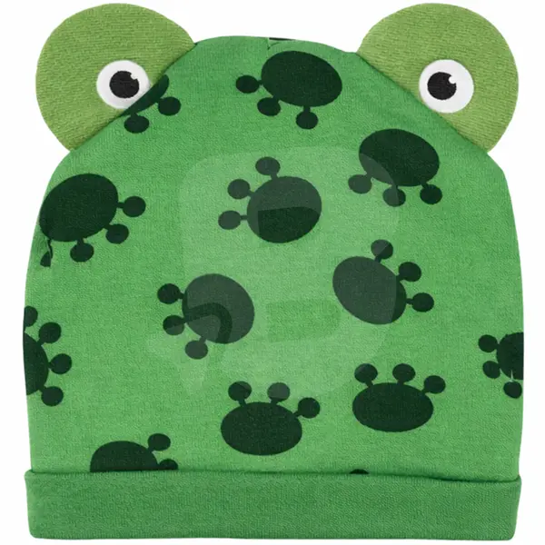 Căciuliță bebeluși cu urechi model Frog din bumbac verde, 3–6 luni