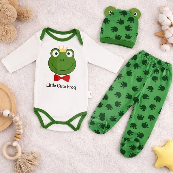 Compleu bebeluși 3 piese Frog cu body, pantaloni și căciuliță, bumbac, 3–6 luni