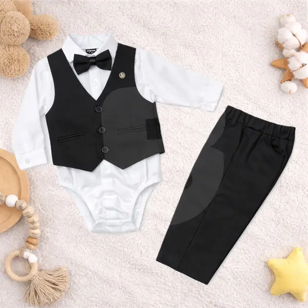 Costum elegant pentru bebeluși băieți cu vestă neagră, papion și pantaloni