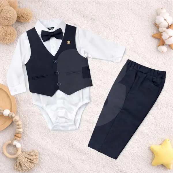 Costum elegant pentru bebeluși băieți cu vestă bleumarin, papion și pantaloni