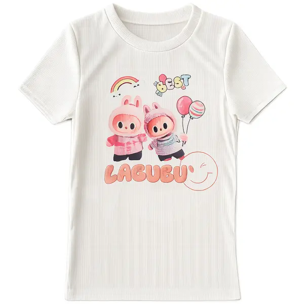 Tricou fete alb cu imprimeu Best Labubu, bumbac cu licra, Italia, mărimi 4–14 ani