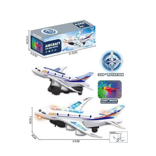 Avion Electric de Pasageri "Sky Giant A380", Tehnologie Bump & Go, Lumini LED Multicolore și Efecte Sonore