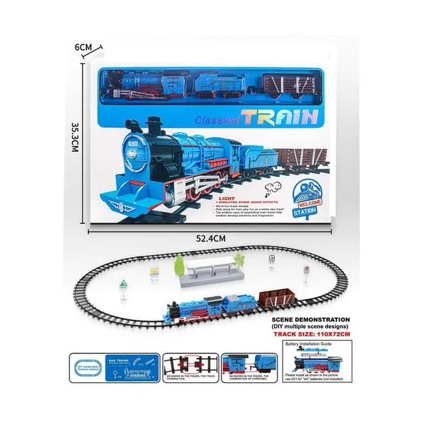 Set tren electric clasic cu locomotivă albastră în ambalaj