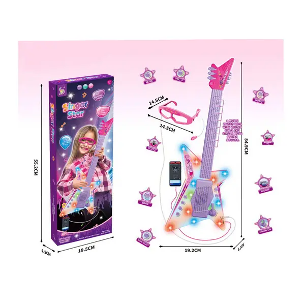 Chitară Electrică Interactivă pentru Copii "Singer Star", Efecte de Lumini Colorate, Sunete Muzicale și Accesoriu Ochelari-Microfon Inclus