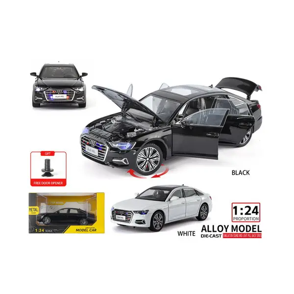 Mașină metalică Audi A6L negru cu uși și capotă deschise