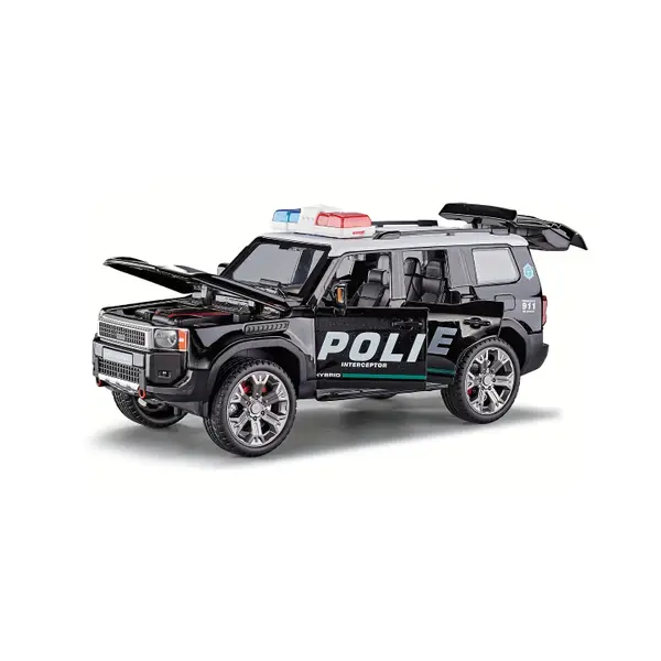 Mașină de Poliție Metalică de Colecție, Scara 1:22, Sunete de Sirenă și Lumini LED, Elemente Mobile (Uși, Capotă), Mecanism Pull-Back