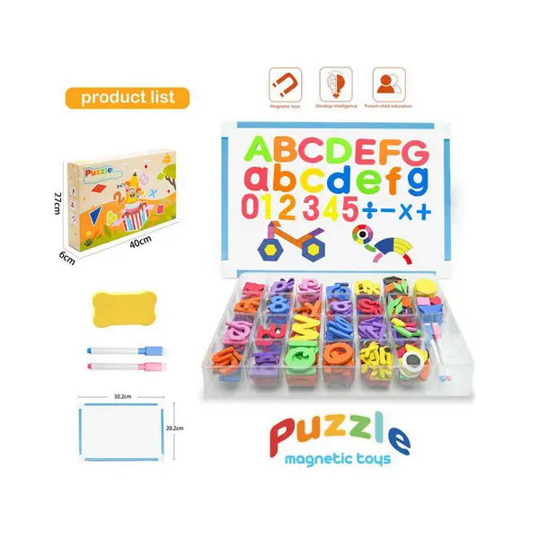 Set Educativ Magnetic Complet: Litere Mari și Mici, Cifre și Simboluri Matematice, Include Tablă Magnetică Dublă (Albă/Neagră)