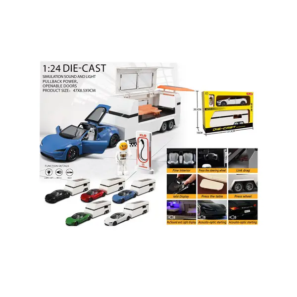 Mașină metalică Tesla 1:24 albastră cu remorcă camper