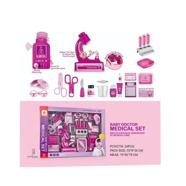 Accesorii medicale de jucărie incluse în trusa doctor roz