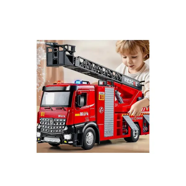 Camion de Pompieri "Rescue Hero" cu Cabină Metalică, Pompă de Apă Funcțională, Scară Rotativă, Lumini și Sunete