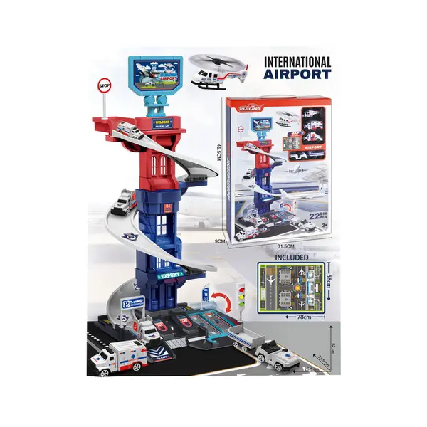 Set de Joacă Parcare Etajată cu Tematică Aeroport, Include Masinuțe, Elicopter și Accesorii, Lungime Bază 48 cm