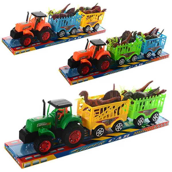 Tractor portocaliu de jucărie cu 2 remorci și 2 dinozauri