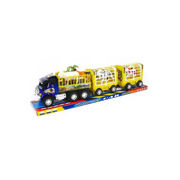 TIR de jucărie pentru transport animale cu două remorci tip cușcă