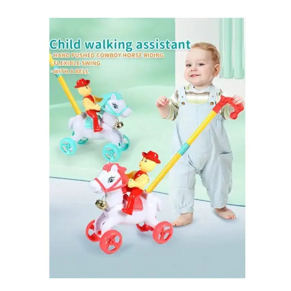 Jucărie de Împins „Călăreț pe Cal”, Mecanism cu Mișcare și Sunet, Mâner Ergonomic, Înălțime Totală 55 cm, Multicolor