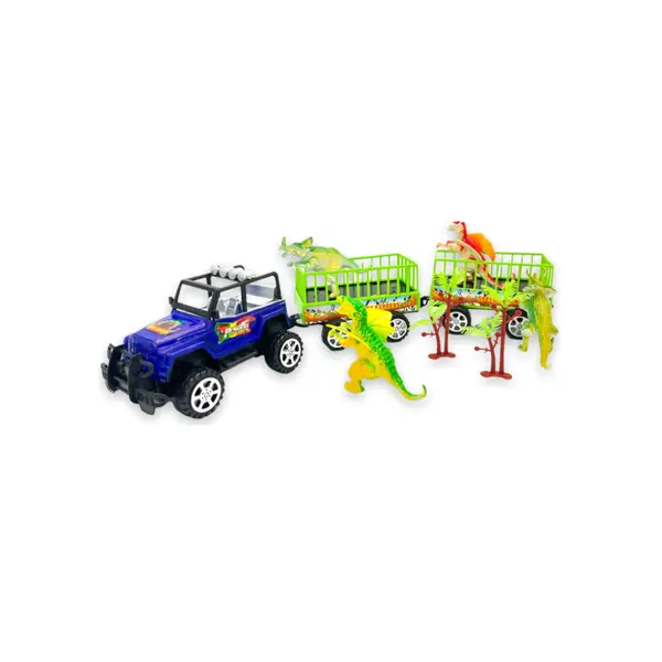 Mașină de Transport cu Remorcă Detașabilă, Include Figurine Animale și Dinozauri, Mecanism Friction, Lungime Totală 35 cm, Multicolor
