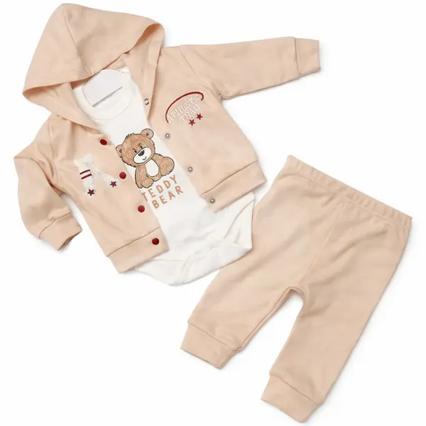 Compleu băieți din bumbac subțire Teddy Bear bej deschis body hanorac pantaloni