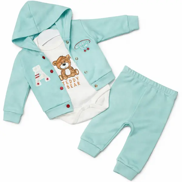 Compleu băieți din bumbac subțire Teddy Bear turcoaz deschis body hanorac pantaloni