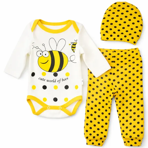 Compleu bebeluși din bumbac Cute World of Bees body pantaloni căciuliță