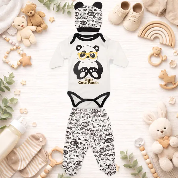 Compleu bebeluși Little Cute Panda alb și negru din bumbac