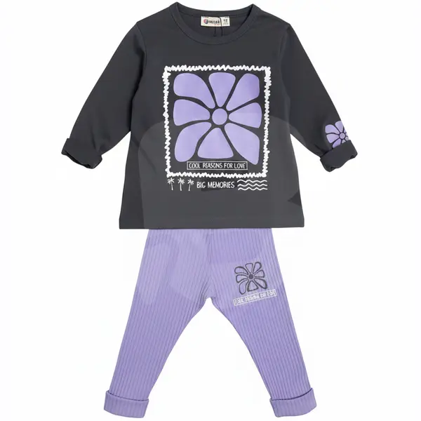 Compleu fete subțire 2 piese cu bluză gri antracit și pantaloni lila, set 6 bucăți, 3–10 ani