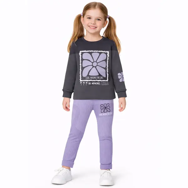 Compleu fete cu bluză gri antracit și pantaloni lila