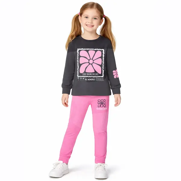 Compleu fete gri antracit cu imprimeu roz și pantaloni roz 2 piese