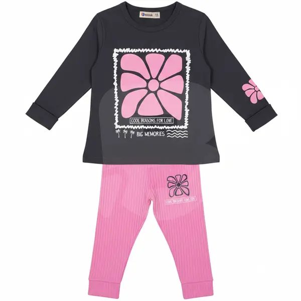 Compleu fete subțire 2 piese gri antracit cu roz, bluză cu mânecă lungă și pantaloni, set 6 bucăți, 3–10 ani