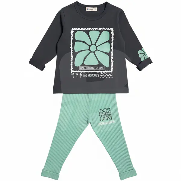 Compleu fete subțire 2 piese cu bluză gri antracit și pantaloni verde mentă, set 6 bucăți, 3–10 ani
