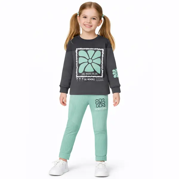 Pantaloni verde mentă compleu fete cu imprimeu decorativ