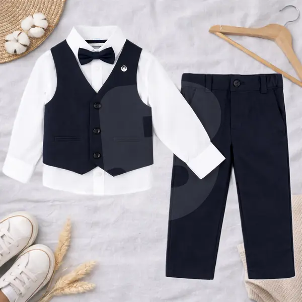 Vestă și cămașă costum elegant băiat bleumarin set 4 piese