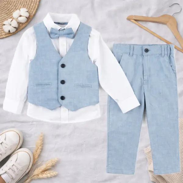 Vestă și cămașă costum elegant băiat gri-albăstrui set 4 piese