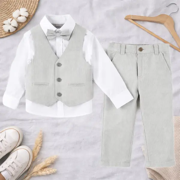 Vestă și cămașă costum elegant băiat gri-bej set 4 piese