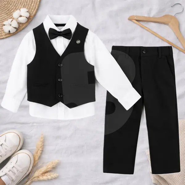 Vestă și cămașă costum elegant băiat negru set 4 piese