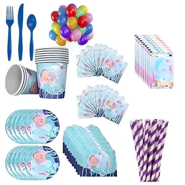 Set Complet pentru Petrecere Aniversară Model „Mica Sirenă”, 122 Piese, Include Veselă de Unică Folosință și Decorațiuni