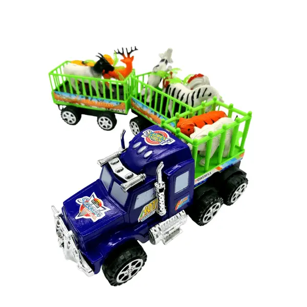 TIR de jucărie cu animale sălbatice și palmieri, cu două remorci tip cușcă