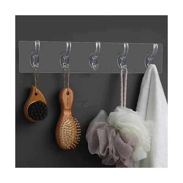 Cuier de Perete Autoadeziv, Plastic Rezistent, 5 Cârlige Fixe, Dimensiuni 35 x 6 cm