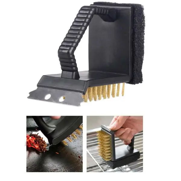 Perie Grill 3 în 1 – Curățător profesional pentru grătar cu peri din oțel inoxidabil și răzuitor
