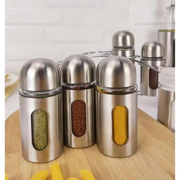 Set Servire Condimente, 6 Solnițe din Sticlă cu Suport Metalic Rotativ/Central